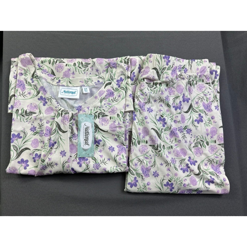 National Women 2X Floral Pajama Set Purple Cream Short Sleeve Crop Pants NWT